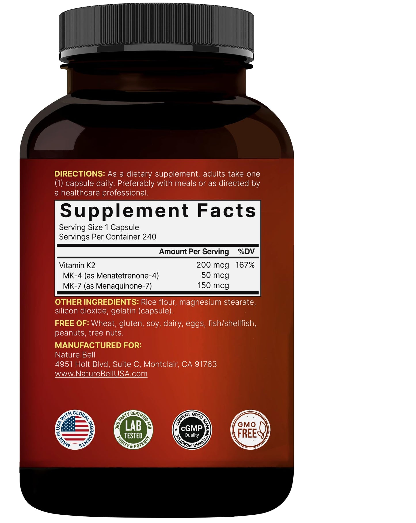 NatureBell Vitamin K2 MK-7 & MK-4 – 200 mcg, 240 Capsules – 2-in-1 K Complex