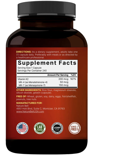 NatureBell Vitamin K2 MK-7 & MK-4 – 200 mcg, 240 Capsules – 2-in-1 K Complex