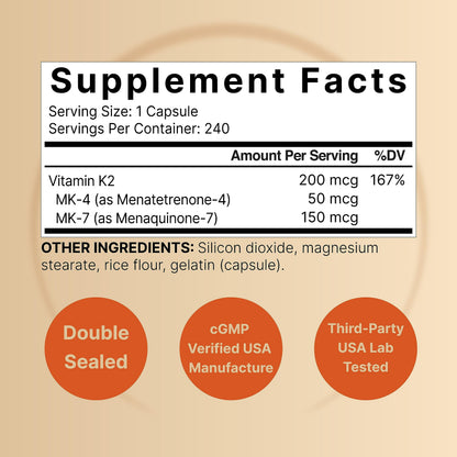 NatureBell Vitamin K2 MK-7 & MK-4 – 200 mcg, 240 Capsules – 2-in-1 K Complex