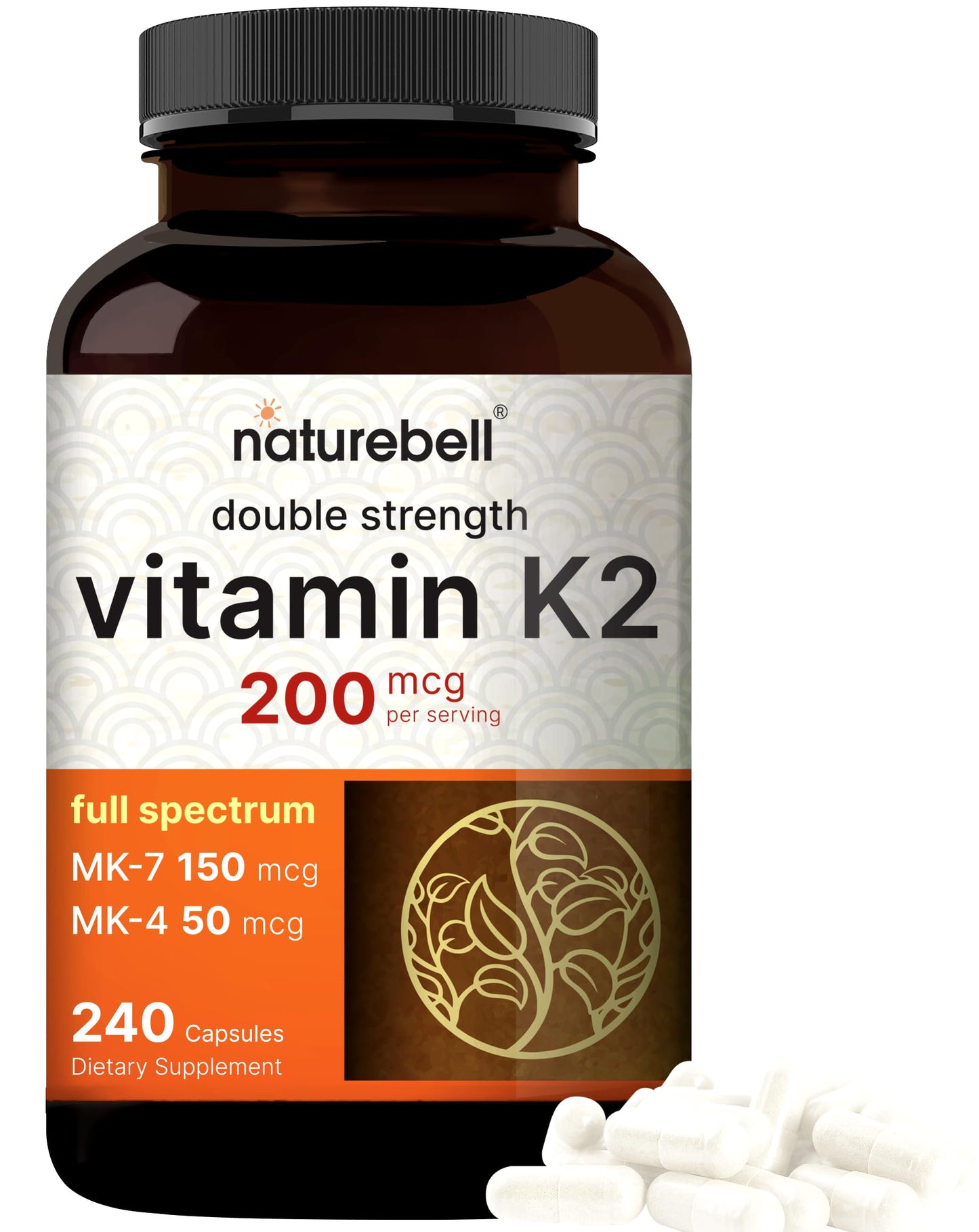 NatureBell Vitamin K2 MK-7 & MK-4 – 200 mcg, 240 Capsules – 2-in-1 K Complex