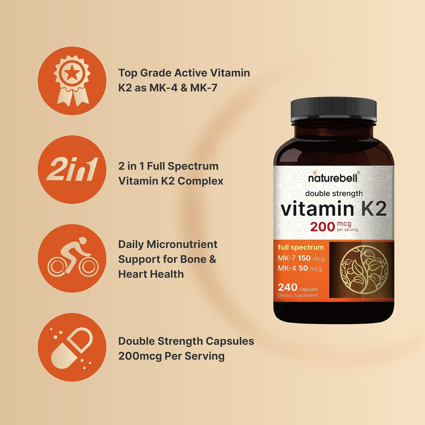 NatureBell Vitamin K2 MK-7 & MK-4 – 200 mcg, 240 Capsules – 2-in-1 K Complex