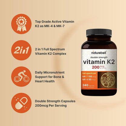 NatureBell Vitamin K2 MK-7 & MK-4 – 200 mcg, 240 Capsules – 2-in-1 K Complex