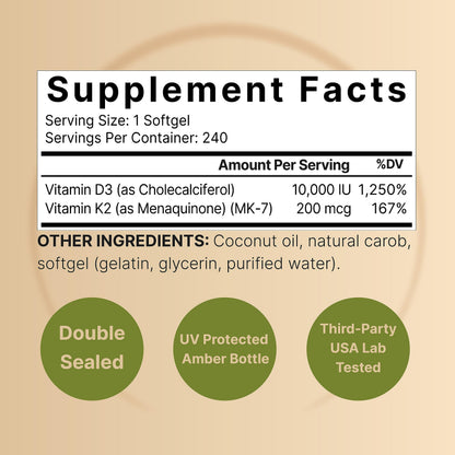 NatureBell Vitamin D3 10,000 IU + K2 200 mcg (MK-7) - 240 Softgels, Coconut Oil, Non-GMO