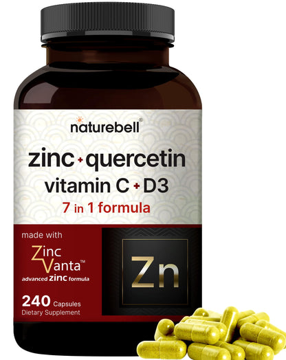 NatureBell Zinc Quercetin + Vitamin C & D3, 240 Caps | 4-in-1 Immune & Lung Support