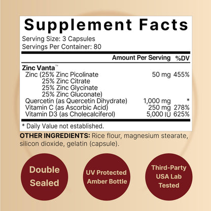 NatureBell Zinc Quercetin 480 Capsules (2 Pack) - 4-in-1 Immune Support