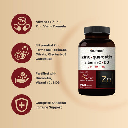 NatureBell Zinc Quercetin + Vitamin C & D3, 240 Caps | 4-in-1 Immune & Lung Support