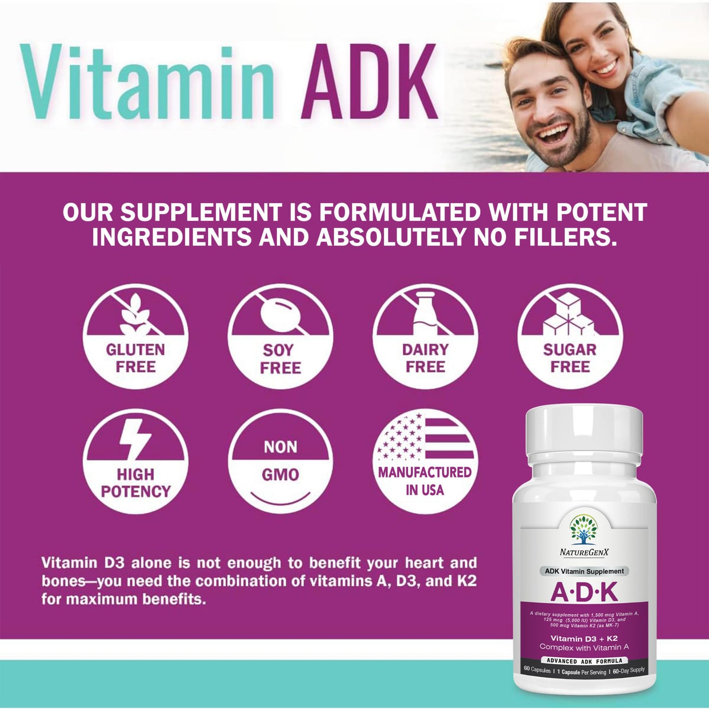 NatureGenX ADK Vitamin Supplement - Enhanced Bone Support (Gluten-Free, 120 Capsules Pack of 2)