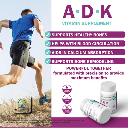 NatureGenX ADK Vitamin Supplement - Enhanced Bone Support (Gluten-Free, 120 Capsules Pack of 2)
