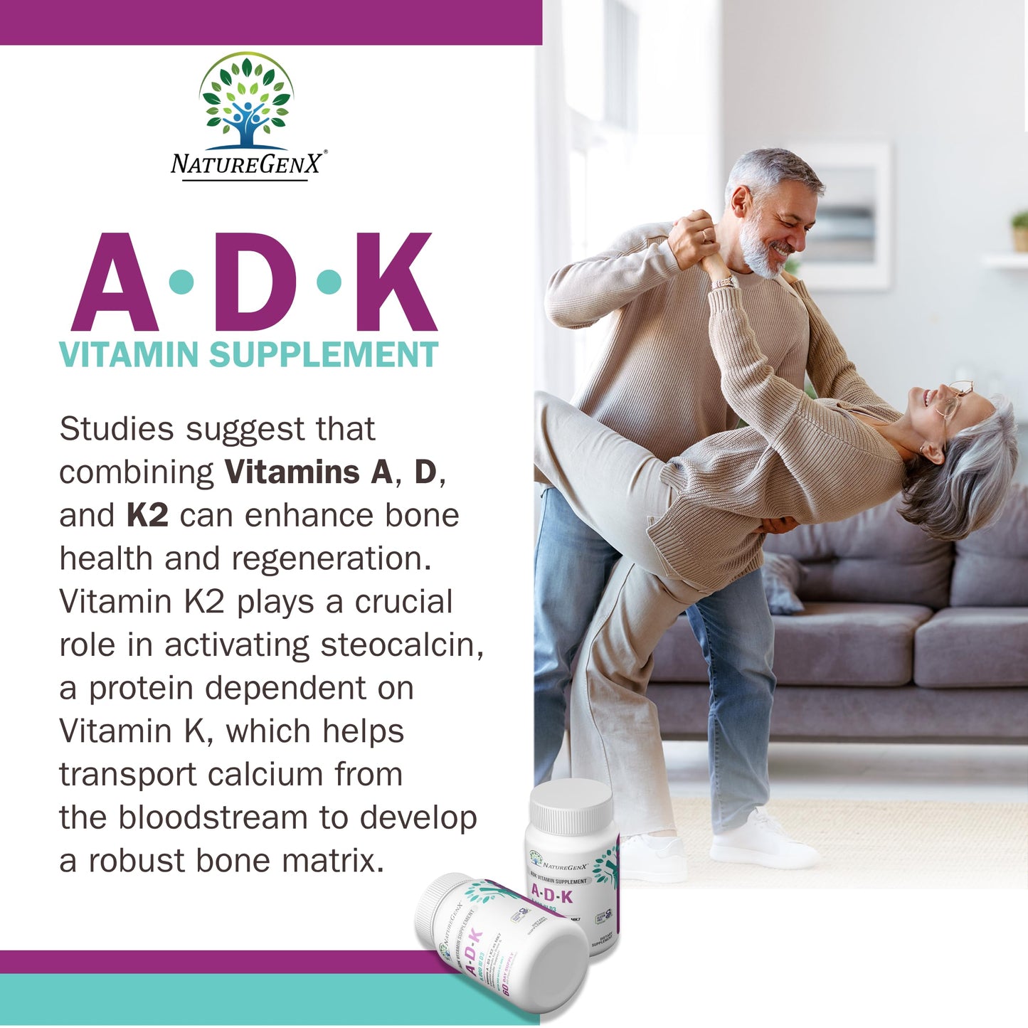 NatureGenX ADK Vitamin Supplement - Enhanced Bone Support (Gluten-Free, 120 Capsules Pack of 2)