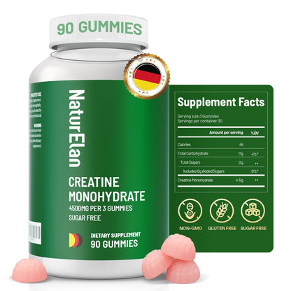 NaturElan Creatine Monohydrate Gummies – Sugar Free, No Gelatin, Vegan, Third-Party Tested | Pre-Workout & Recovery