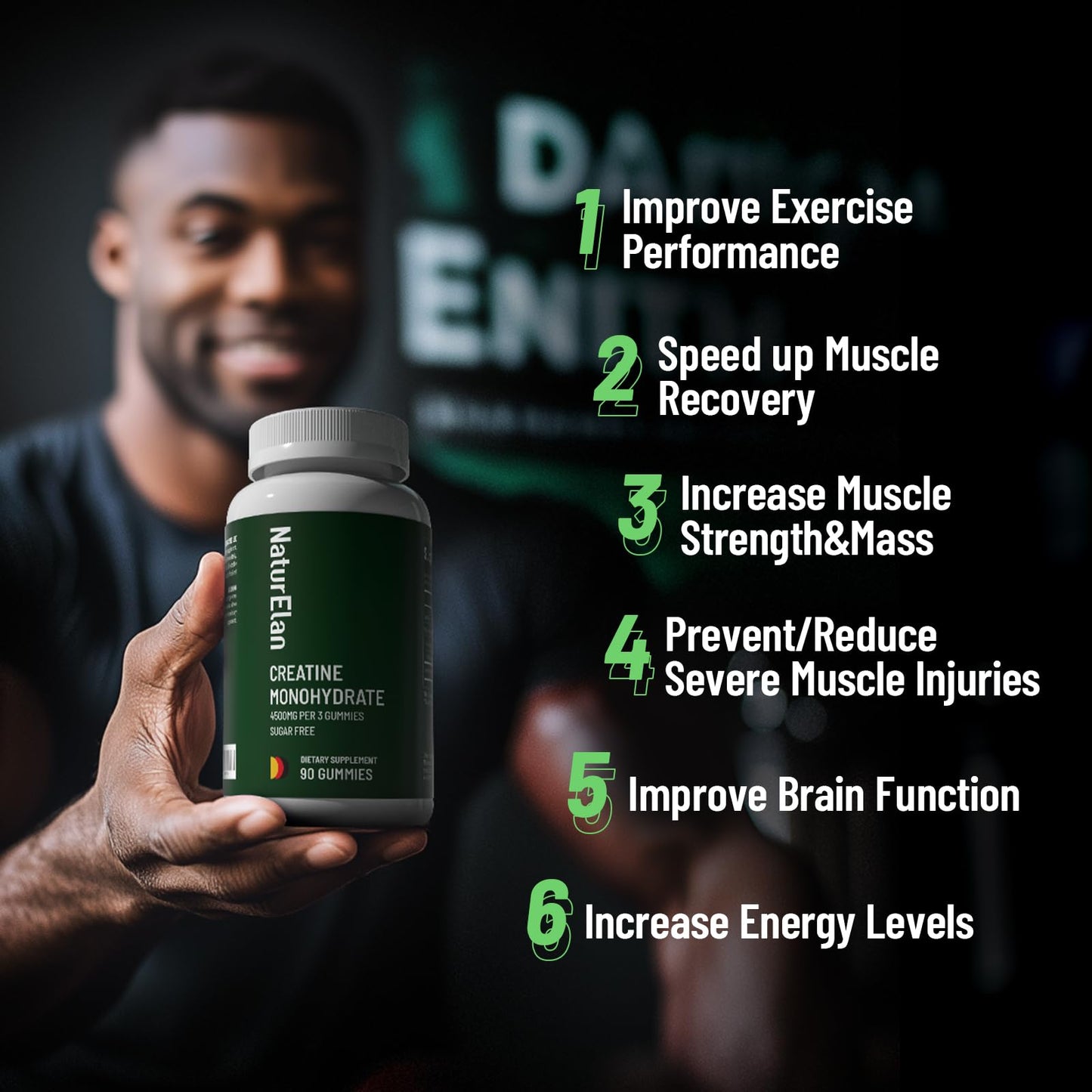 NaturElan Creatine Monohydrate Gummies – Sugar Free, No Gelatin, Vegan, Third-Party Tested | Pre-Workout & Recovery