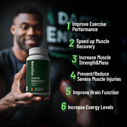 NaturElan Creatine Monohydrate Gummies – Sugar Free, No Gelatin, Vegan, Third-Party Tested | Pre-Workout & Recovery