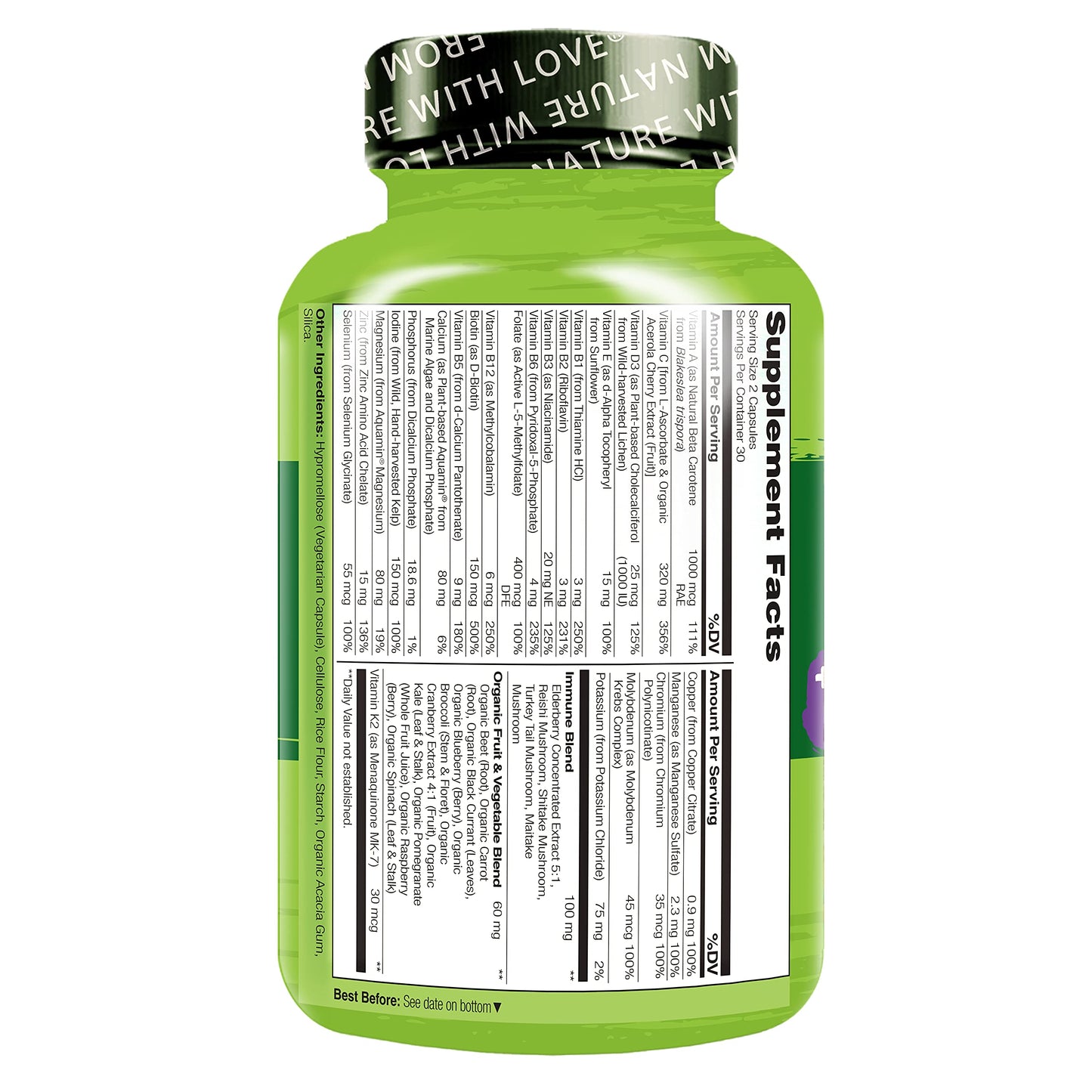 NATURELO Whole Food Multivitamin + Immune Blend – Elderberry & Mushrooms, 60 Vegan Capsules