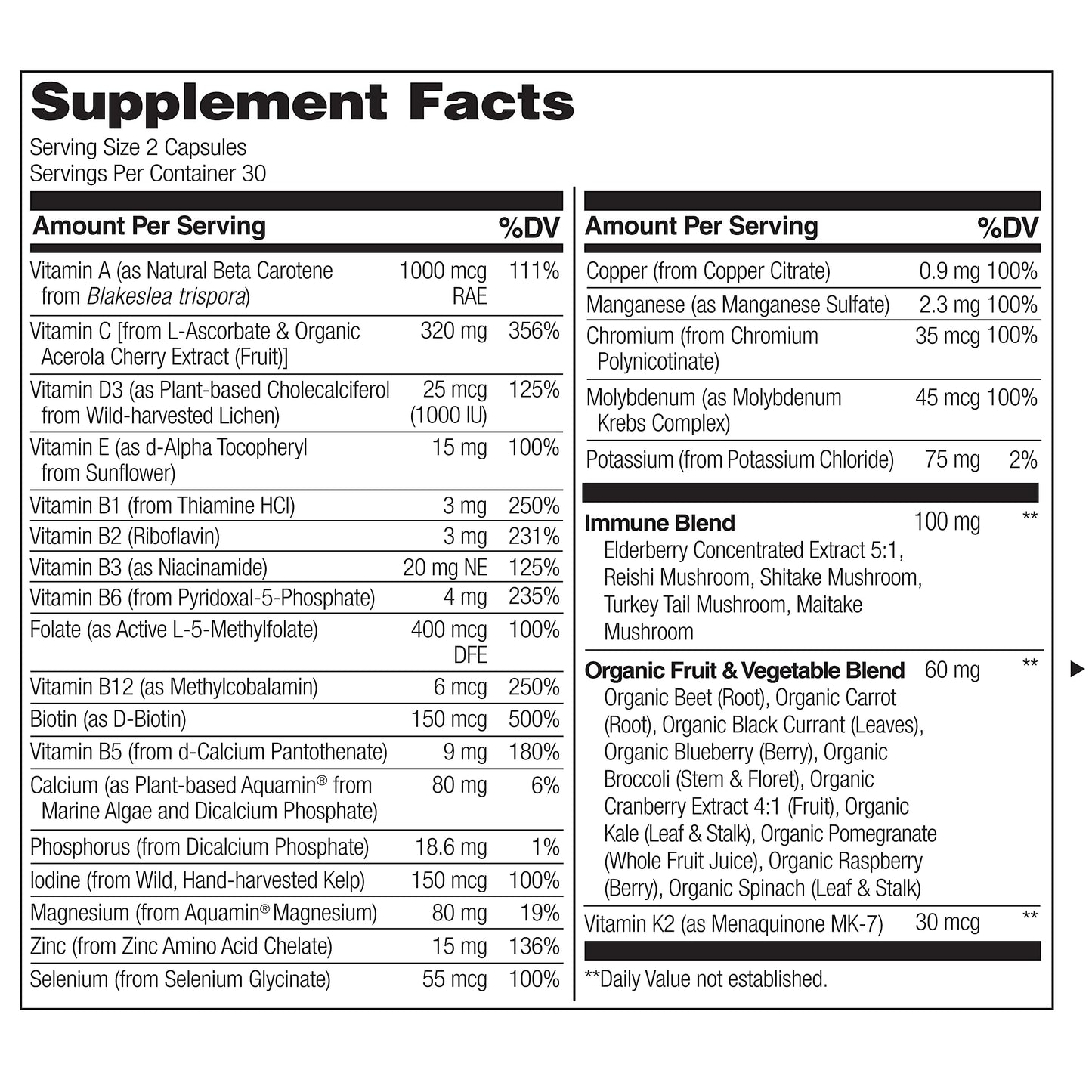 NATURELO Whole Food Multivitamin + Immune Blend – Elderberry & Mushrooms, 60 Vegan Capsules