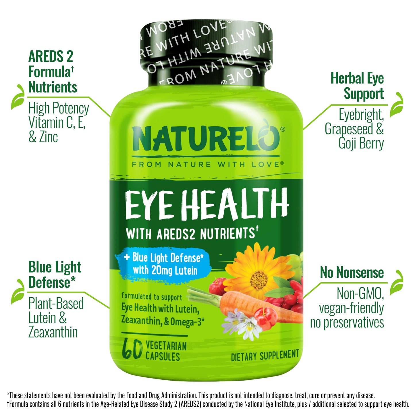 Naturelo Eye Vitamins - AREDS2 Formula for Healthy Vision | 60 Vegan Capsules