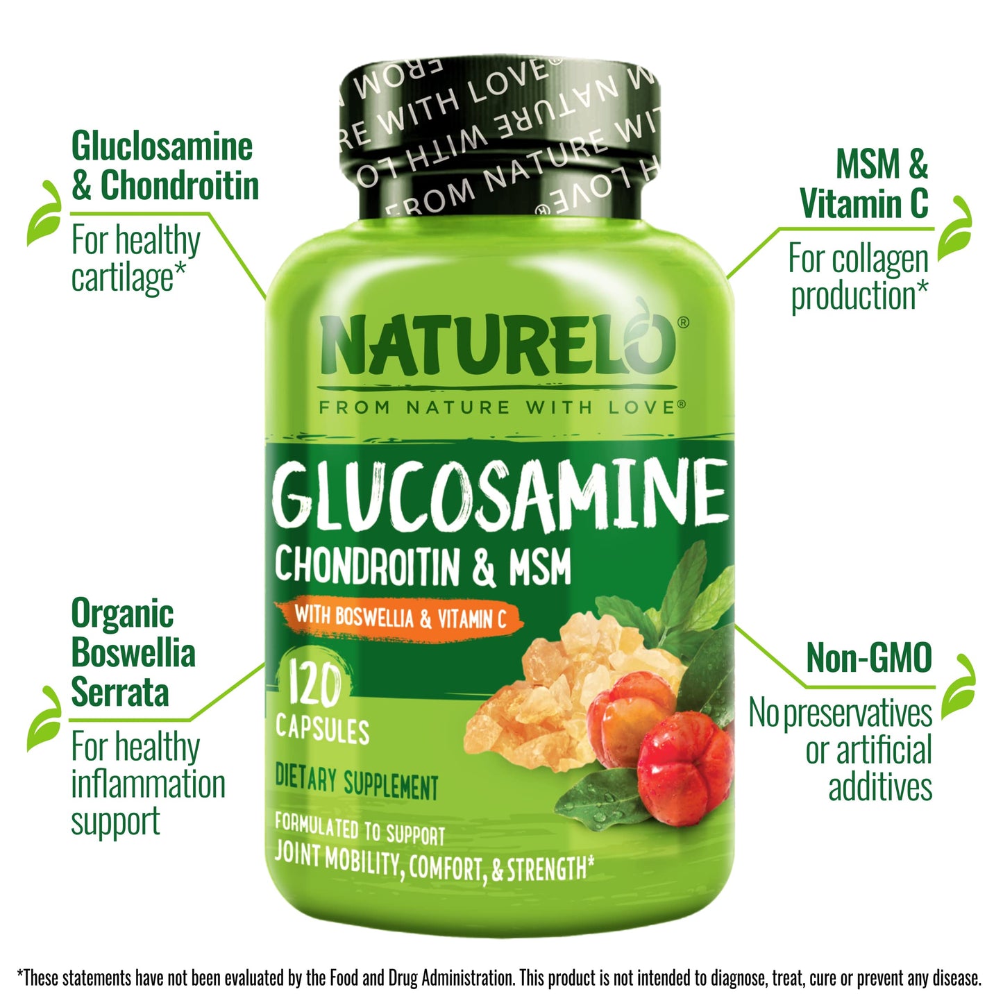 NATURELO Glucosamine Chondroitin MSM with Boswellia – Joint Support (120 Caps)