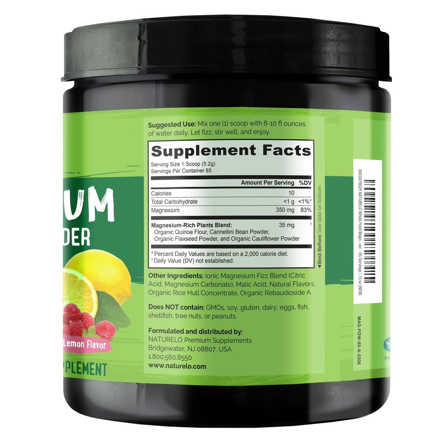Naturelo Magnesium Powder – Whole Food Calm Magnesium with Quinoa, Cauliflower & Flaxseed (Raspberry Lemon, 85 Servings, 15oz)