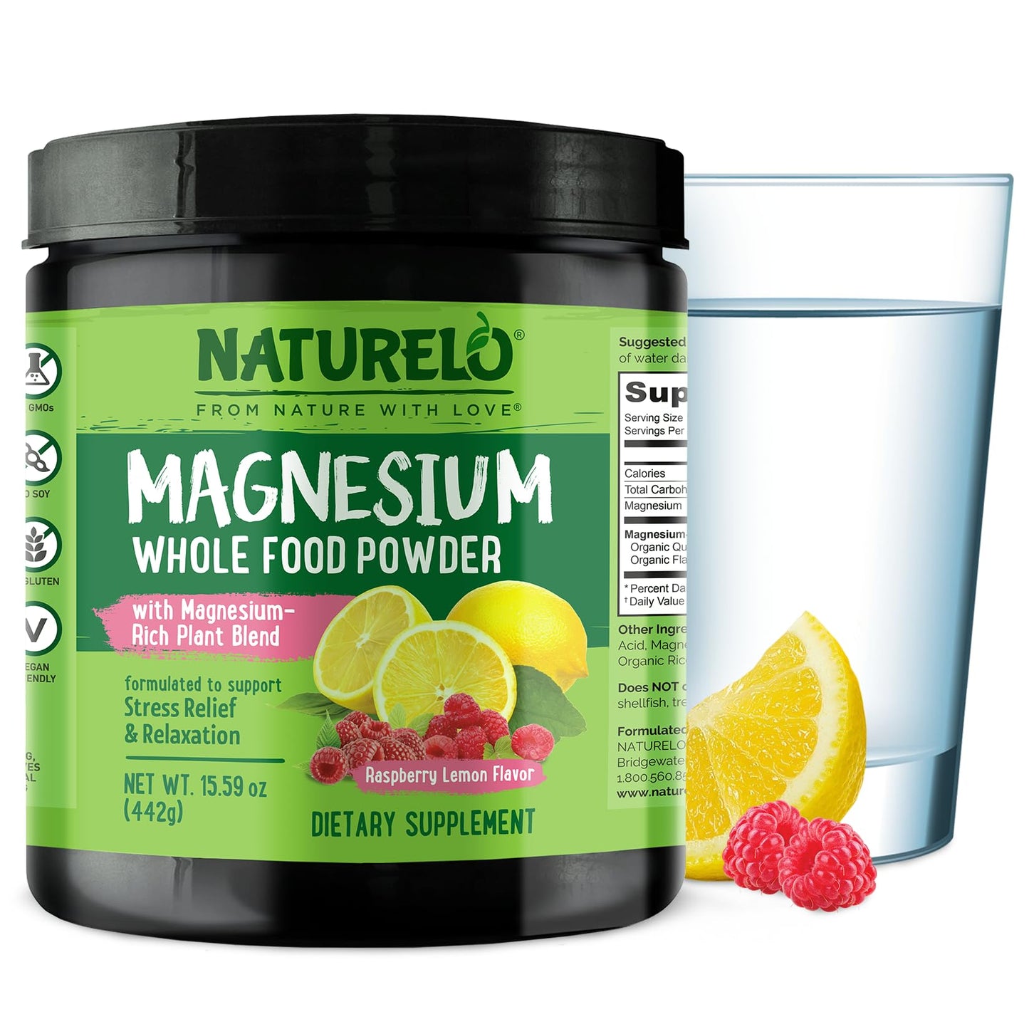 Naturelo Magnesium Powder – Whole Food Calm Magnesium with Quinoa, Cauliflower & Flaxseed (Raspberry Lemon, 85 Servings, 15oz)