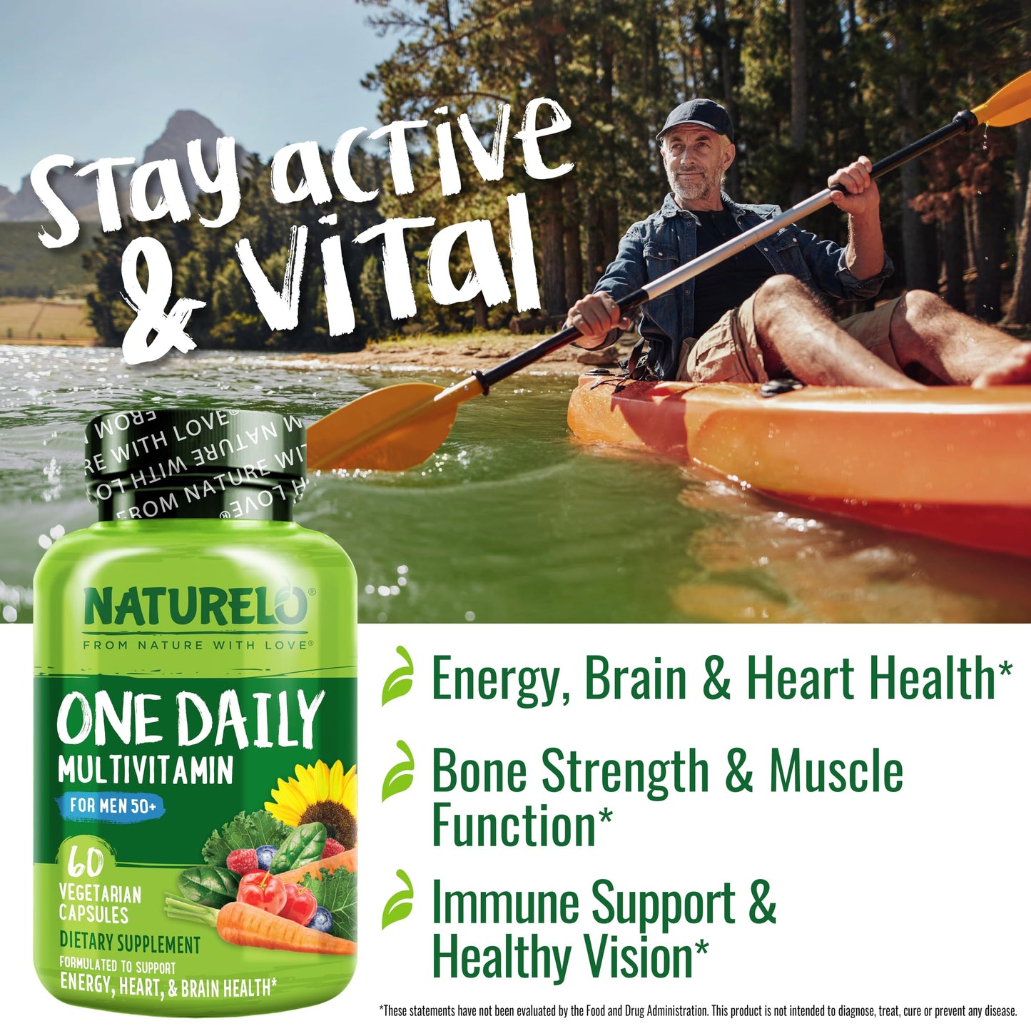 NATURELO Men's Multivitamin 50+ | One Daily Vitamin with Organic Whole Foods | Non-GMO, 60 Veg Capsules