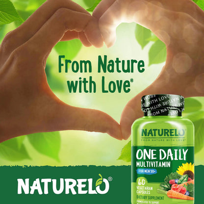 NATURELO Men's Multivitamin 50+ | One Daily Vitamin with Organic Whole Foods | Non-GMO, 60 Veg Capsules