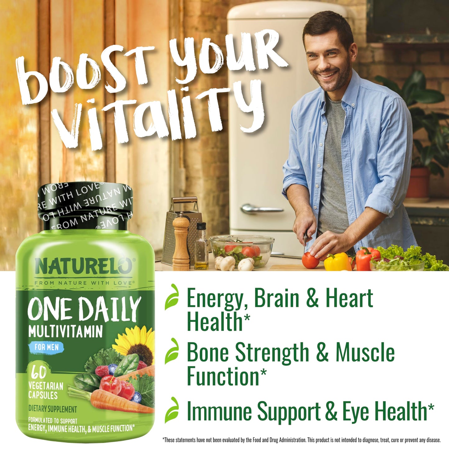 NATURELO Mens Multivitamins - One Daily Multivitamin for Men with Vitamins, Minerals & Organic Whole Foods, Boost Energy & Health, Non-GMO, 60 Vegetarian Capsules
