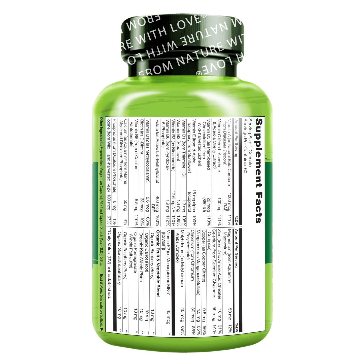NATURELO Mens Multivitamins - One Daily Multivitamin for Men with Vitamins, Minerals & Organic Whole Foods, Boost Energy & Health, Non-GMO, 60 Vegetarian Capsules