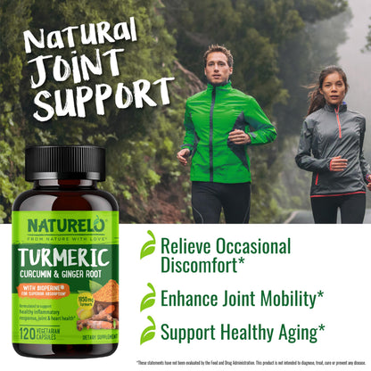 NATURELO Turmeric Curcumin with BioPerine - Plant-Based Joint Support (120 Vegan Capsules)