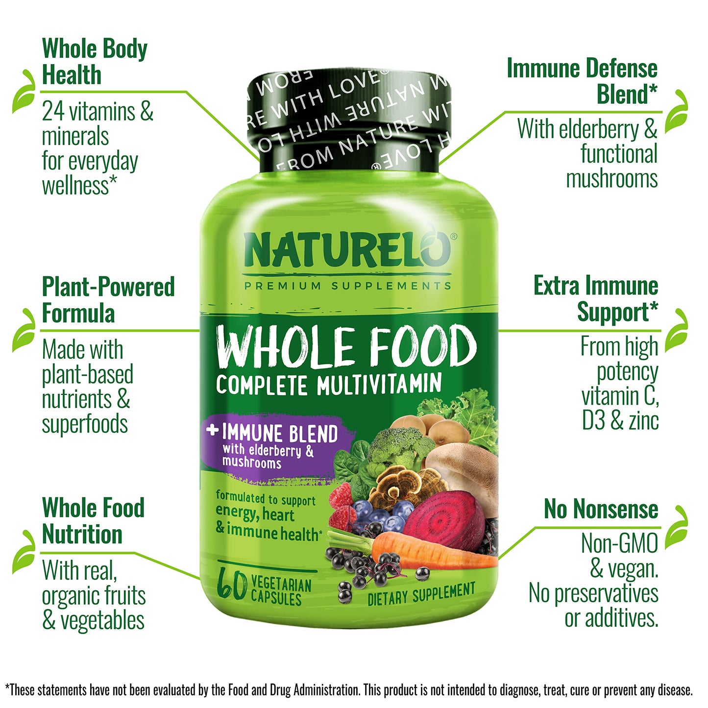 NATURELO Whole Food Multivitamin + Immune Blend – Elderberry & Mushrooms, 60 Vegan Capsules