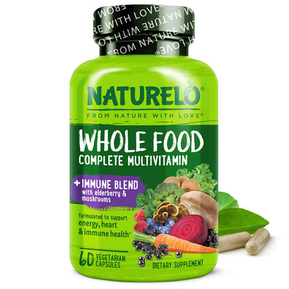 NATURELO Whole Food Multivitamin + Immune Blend – Elderberry & Mushrooms, 60 Vegan Capsules