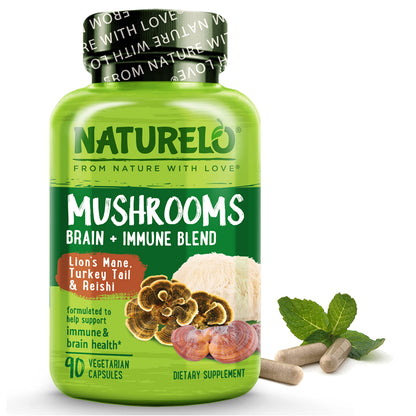 NATURELO Mushroom Supplement – Brain & Immune Blend with Lion’s Mane, Reishi & Turkey Tail – 90 Vegan Capsules