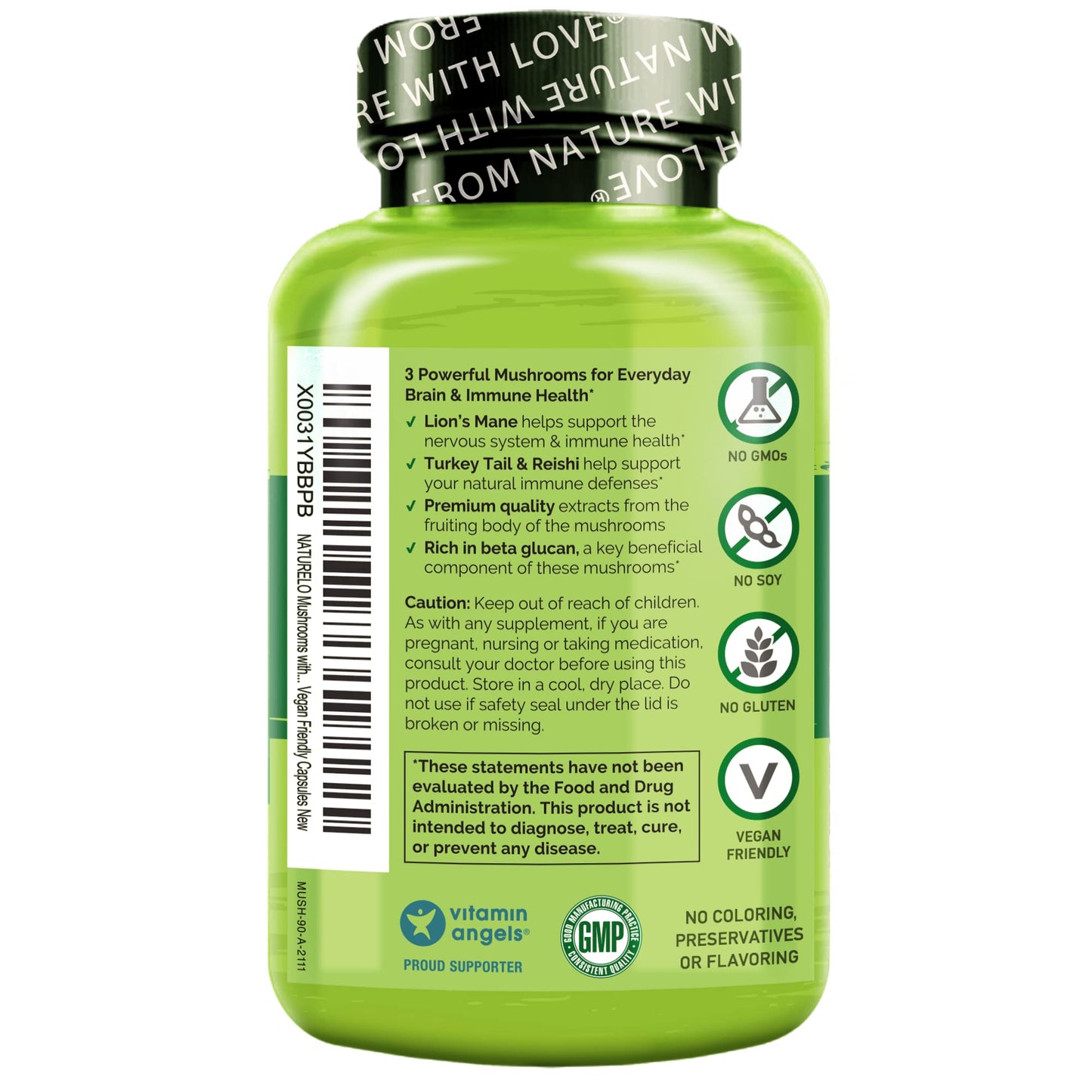 NATURELO Mushroom Supplement – Brain & Immune Blend with Lion’s Mane, Reishi & Turkey Tail – 90 Vegan Capsules