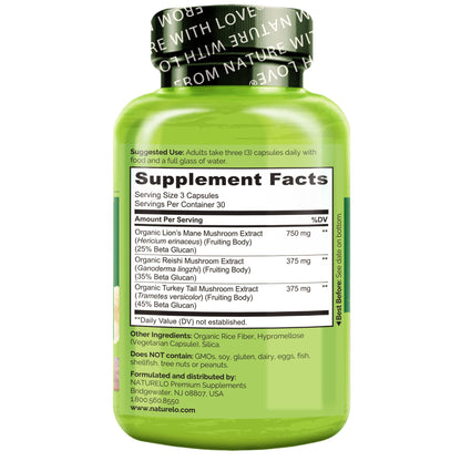 NATURELO Mushroom Supplement – Brain & Immune Blend with Lion’s Mane, Reishi & Turkey Tail – 90 Vegan Capsules