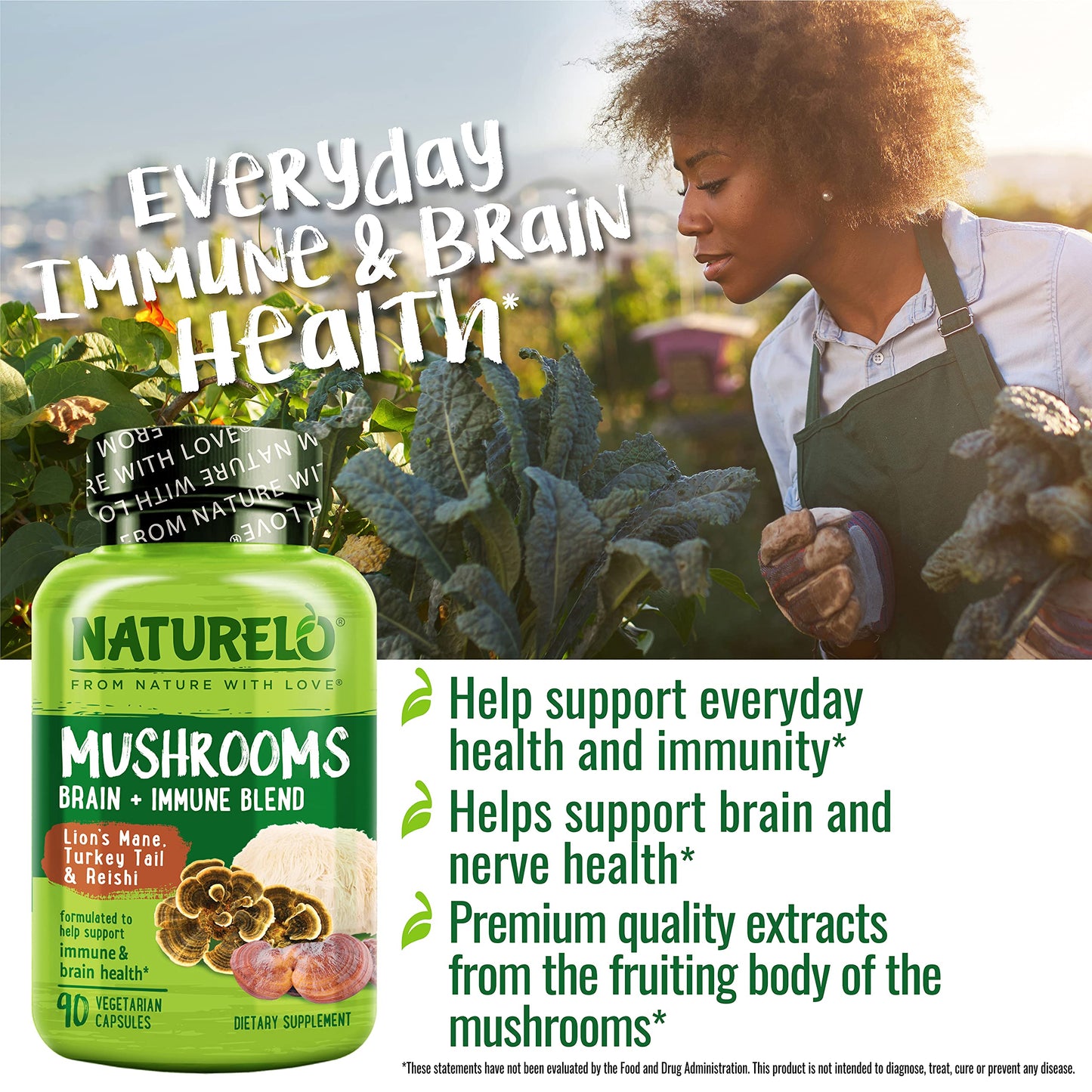 NATURELO Mushroom Supplement – Brain & Immune Blend with Lion’s Mane, Reishi & Turkey Tail – 90 Vegan Capsules