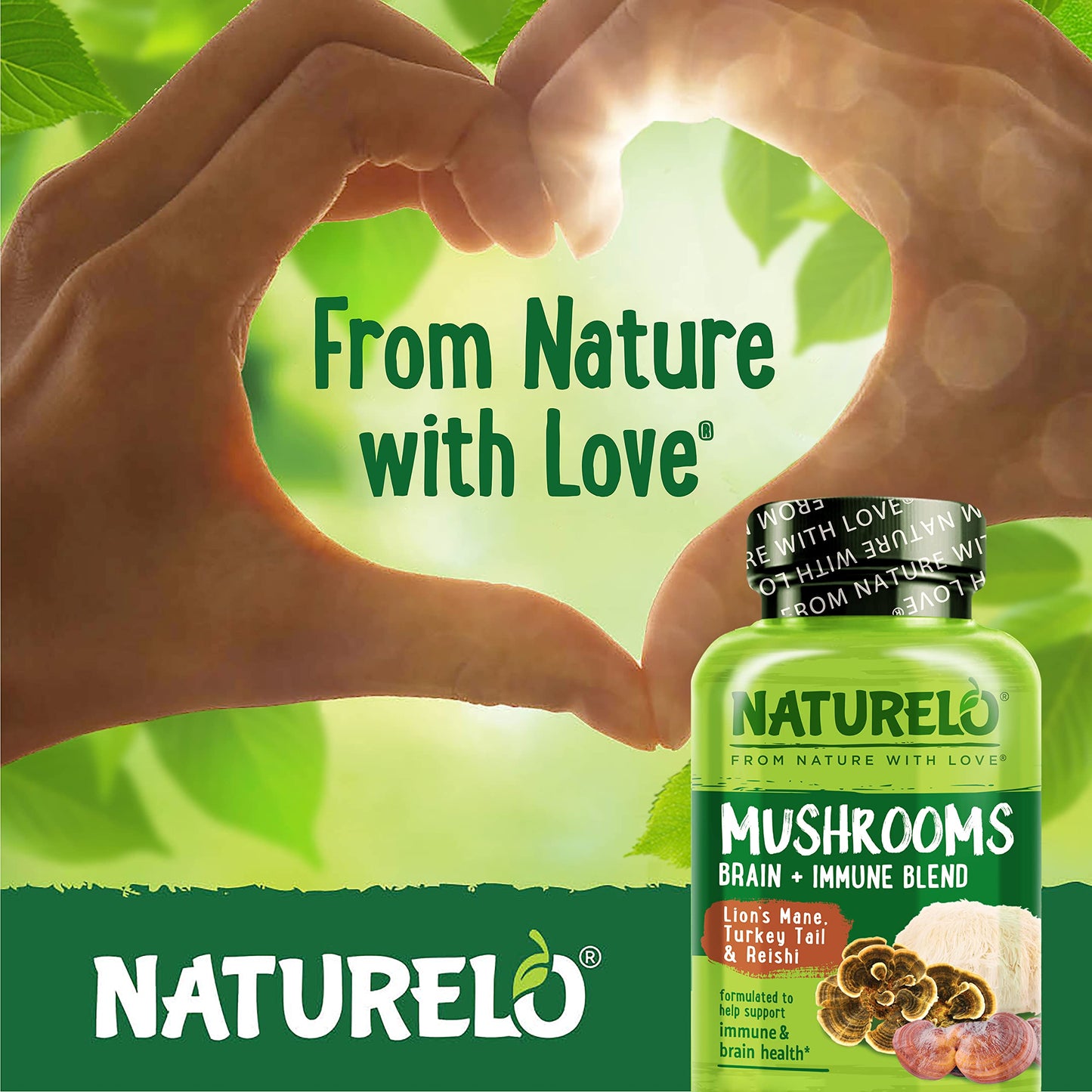 NATURELO Mushroom Supplement – Brain & Immune Blend with Lion’s Mane, Reishi & Turkey Tail – 90 Vegan Capsules