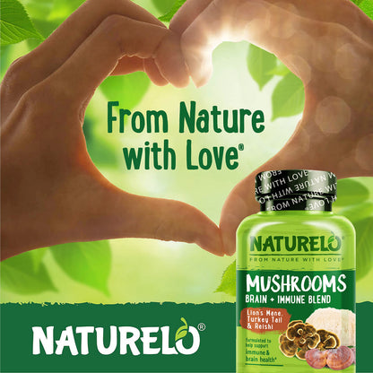 NATURELO Mushroom Supplement – Brain & Immune Blend with Lion’s Mane, Reishi & Turkey Tail – 90 Vegan Capsules