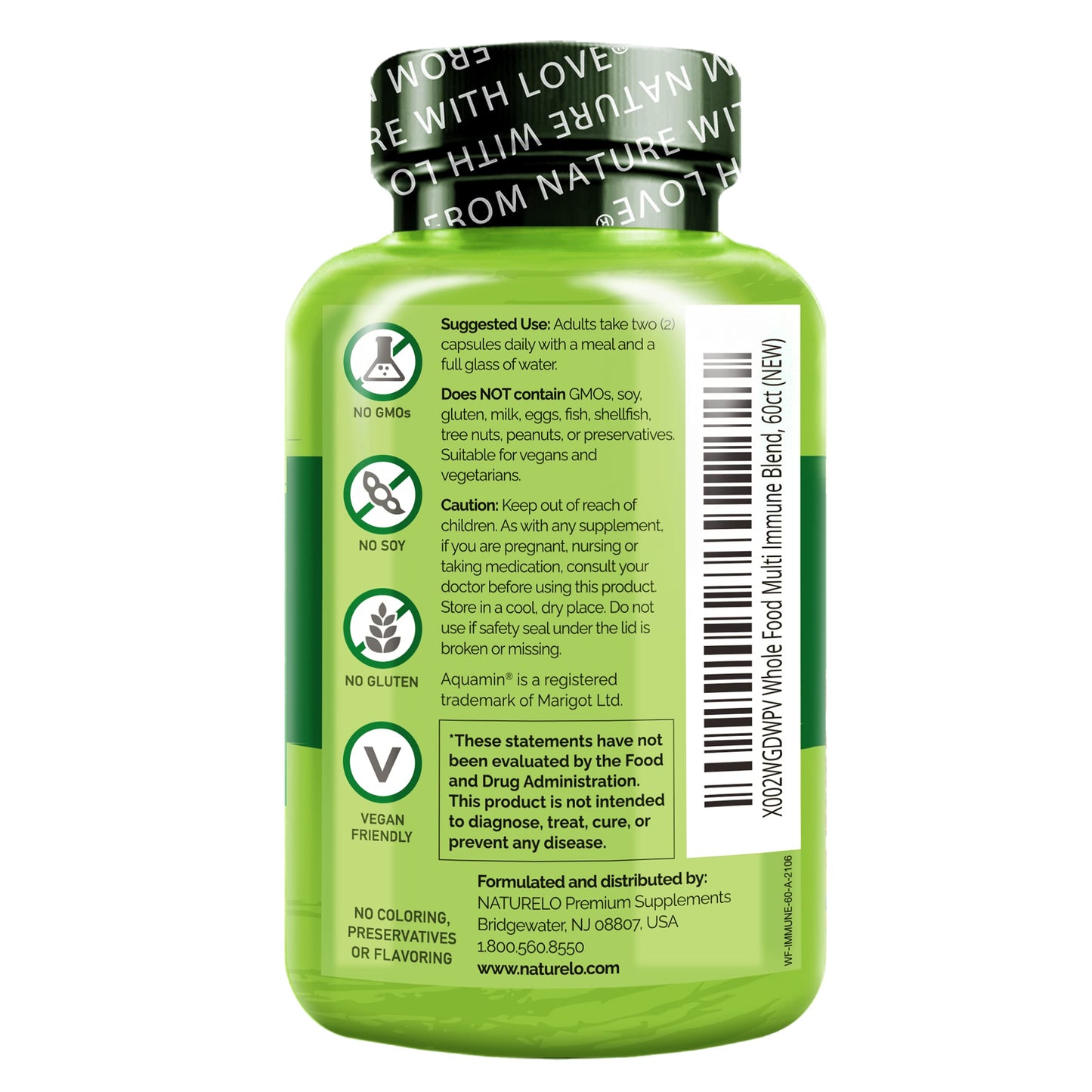 NATURELO Whole Food Multivitamin + Immune Blend – Elderberry & Mushrooms, 60 Vegan Capsules