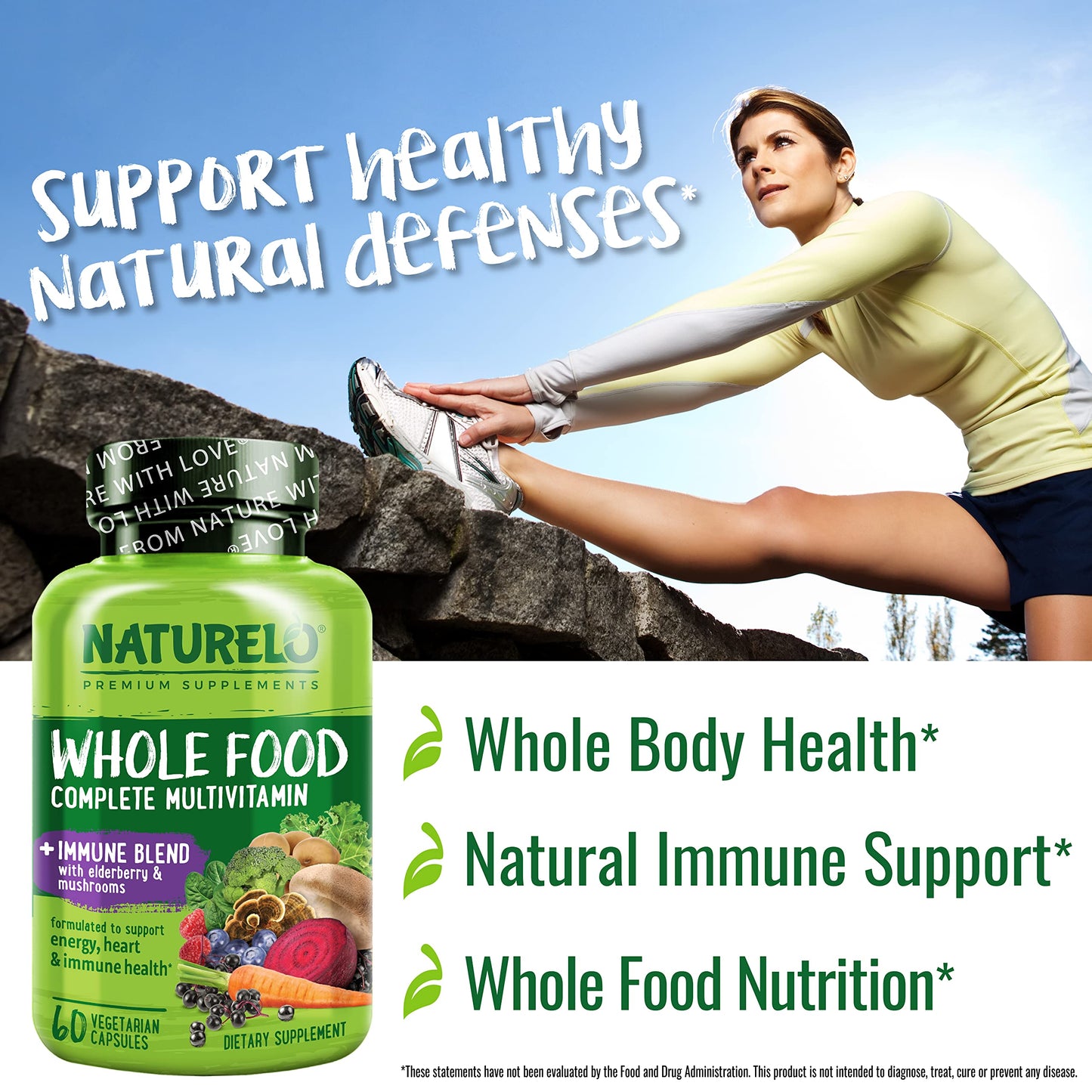NATURELO Whole Food Multivitamin + Immune Blend – Elderberry & Mushrooms, 60 Vegan Capsules
