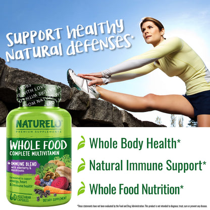 NATURELO Whole Food Multivitamin + Immune Blend – Elderberry & Mushrooms, 60 Vegan Capsules