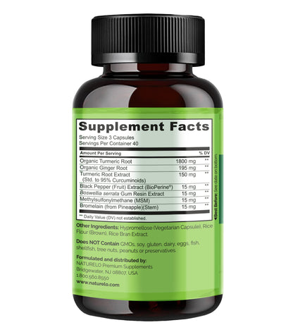 NATURELO Turmeric Curcumin with BioPerine - Plant-Based Joint Support (120 Vegan Capsules)
