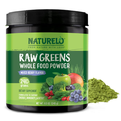 NATURELO Raw Greens Superfood Powder 240g – Mixed Berry | Energy, Immunity & Detox