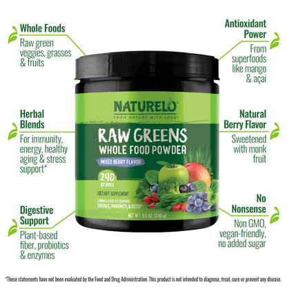NATURELO Raw Greens Superfood Powder 240g – Mixed Berry | Energy, Immunity & Detox