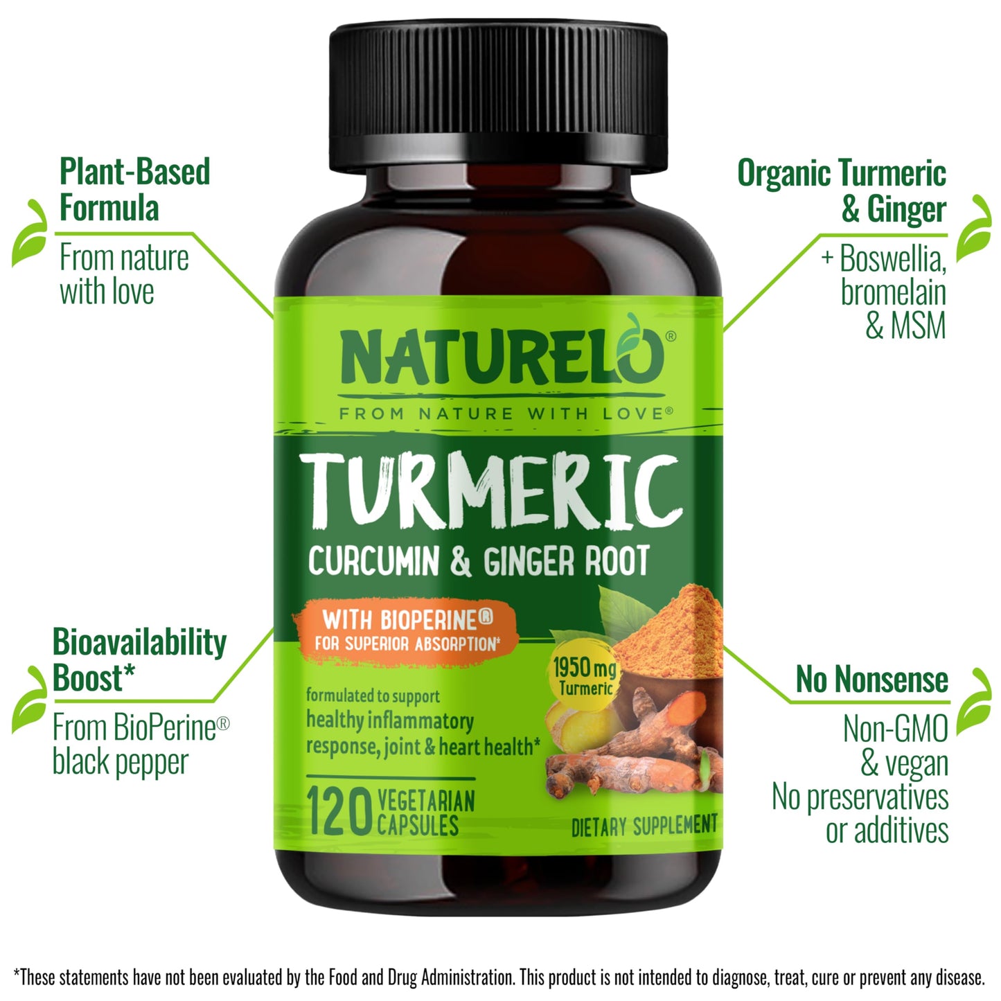 NATURELO Turmeric Curcumin with BioPerine - Plant-Based Joint Support (120 Vegan Capsules)