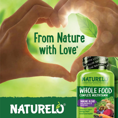 NATURELO Whole Food Multivitamin + Immune Blend – Elderberry & Mushrooms, 60 Vegan Capsules