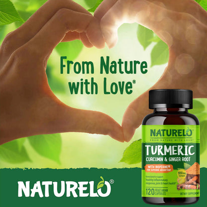NATURELO Turmeric Curcumin with BioPerine - Plant-Based Joint Support (120 Vegan Capsules)