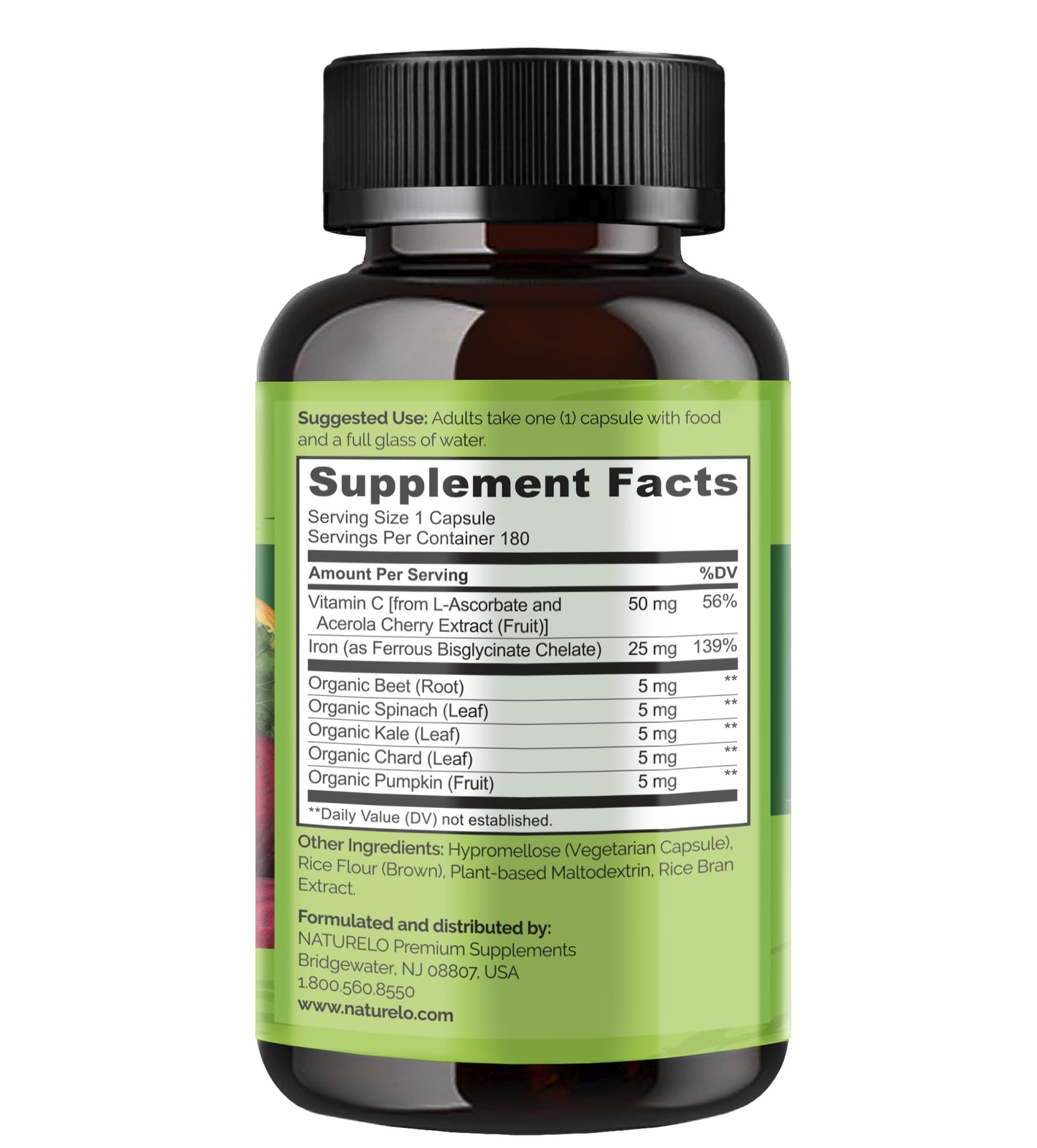 NATURELO Vegan Iron Supplement with Vitamin C | Gentle Ferrous Bisglycinate