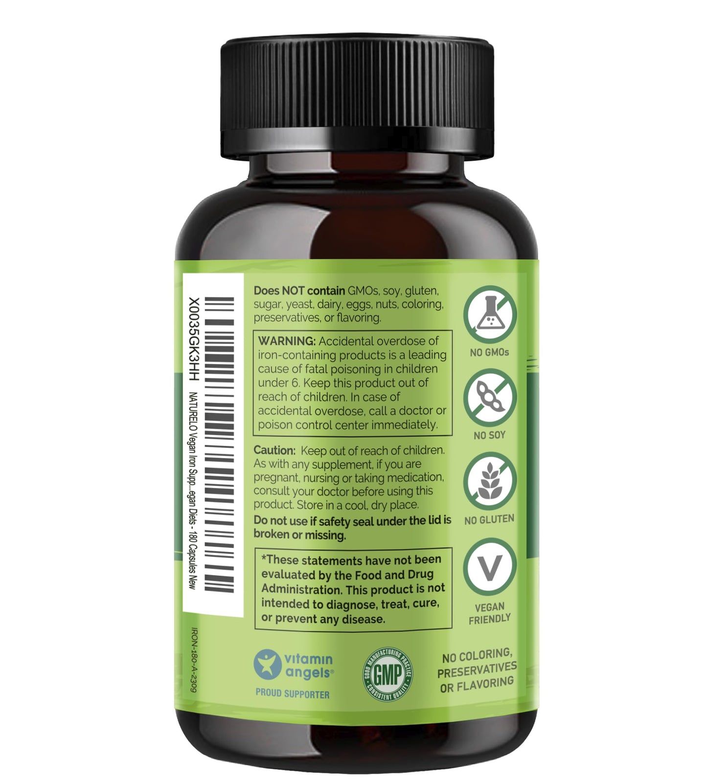 NATURELO Vegan Iron Supplement with Vitamin C | Gentle Ferrous Bisglycinate