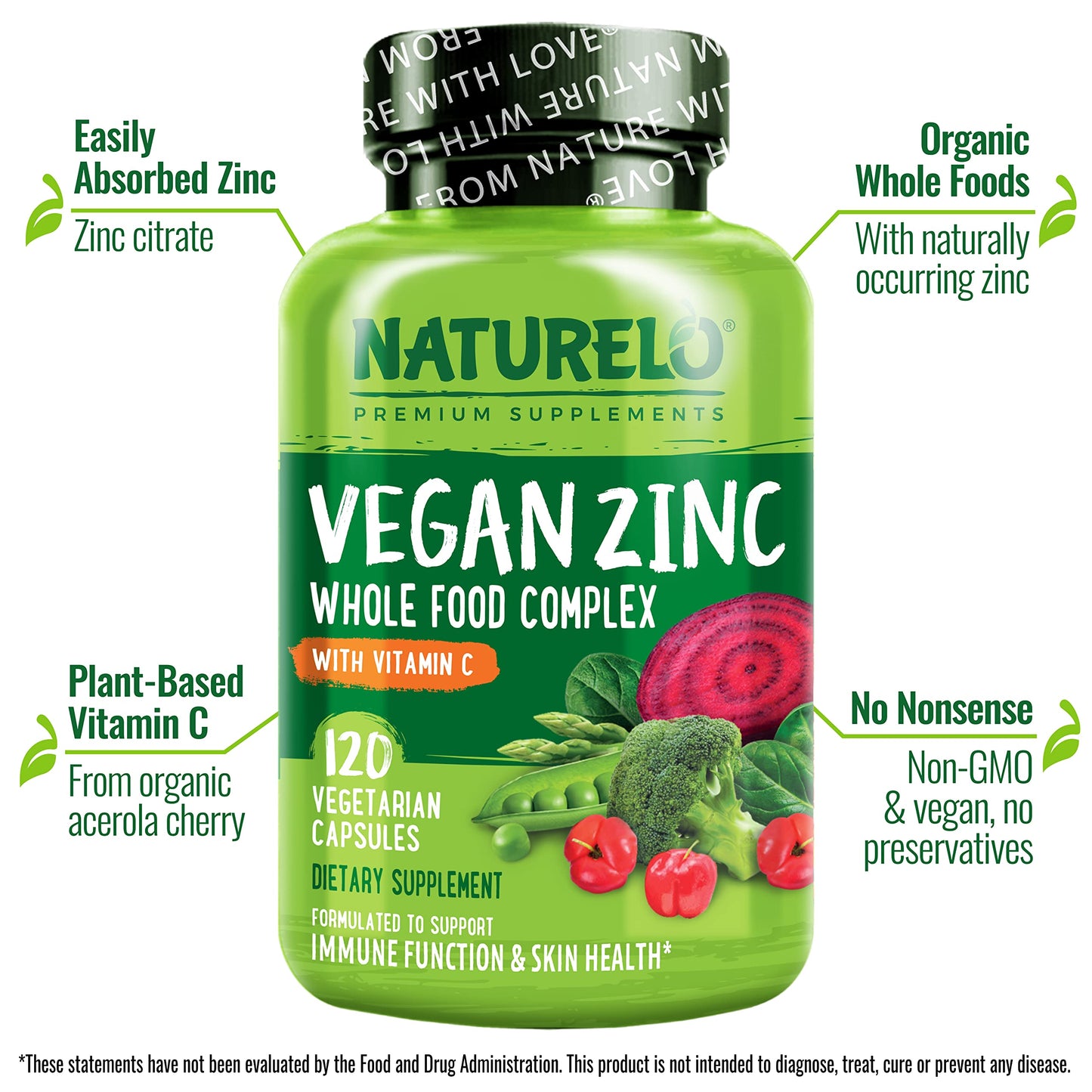 NATURELO Vegan Zinc Immune Support Capsules – Pack of 2 (120 Capsules)
