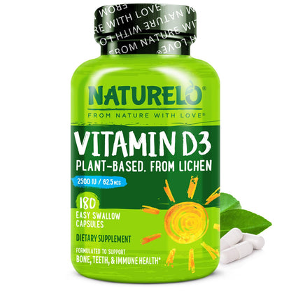 NATURELO Vitamin D3 2500 IU - Plant-Based from Lichen | Vegan & Gluten Free