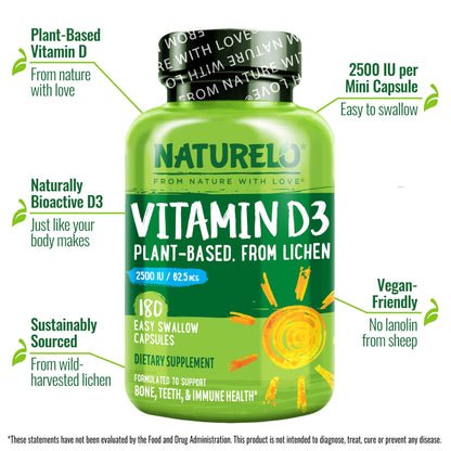 NATURELO Vitamin D3 2500 IU - Plant-Based from Lichen | Vegan & Gluten Free