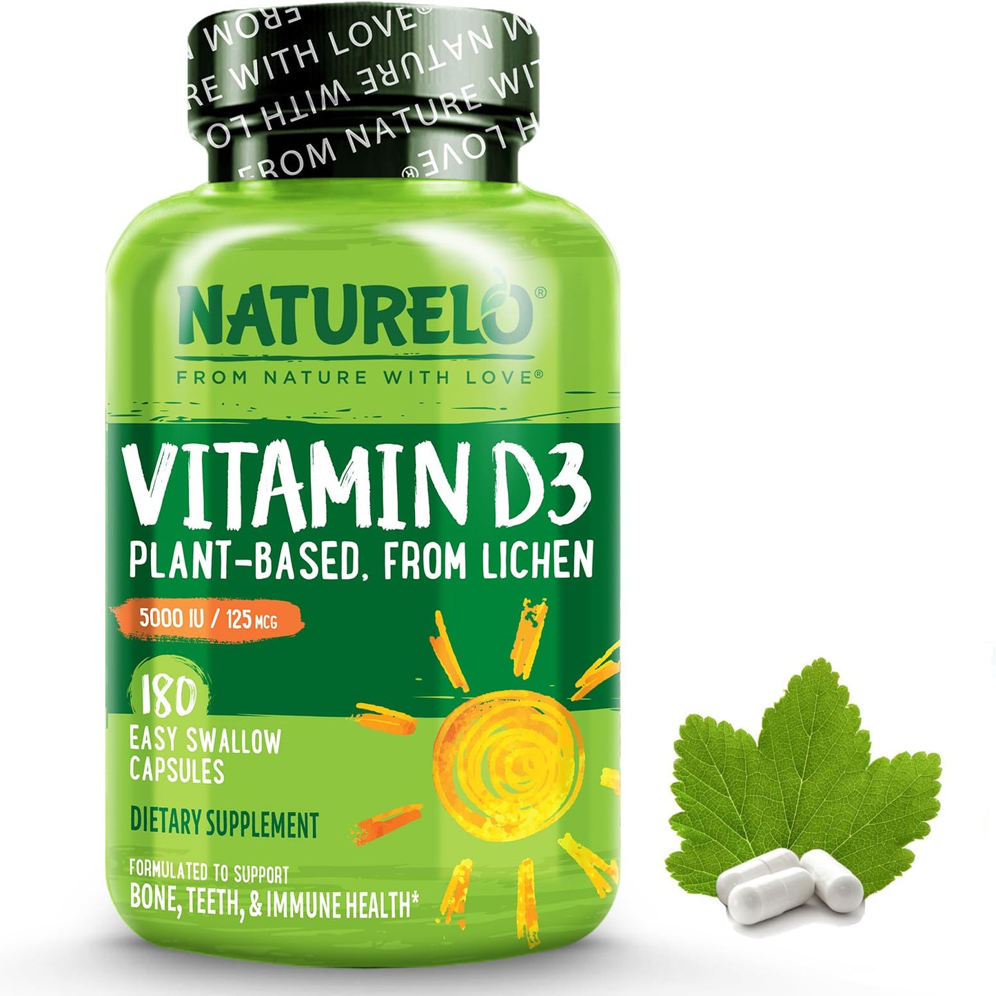 Naturelo Vitamin D3 5000 IU – Plant-Based from Lichen | Vegan D3, 180 Capsules